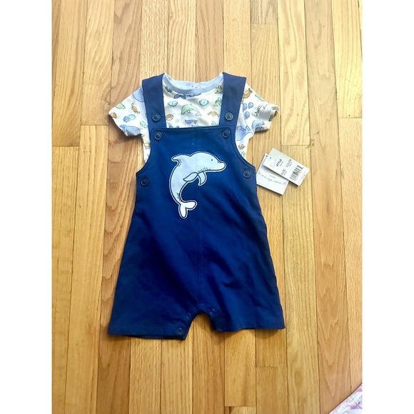 Quiltex Boys Jumper Shorts Overall 2 PC Set Dolphin 12M Blue NWT- SHIPS TODAY! - Picture 2 of 4